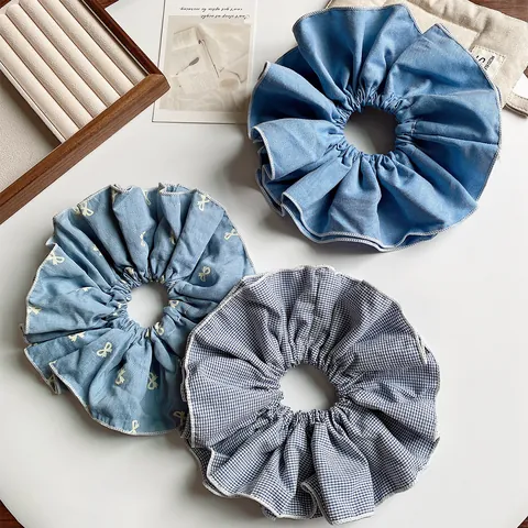 Women Vintage Denim Blue Gingham Oversized Fabric Scrunchies Sweet Ruffle Bow Hair Ties Large Elastic Ponytail Holder Accessories