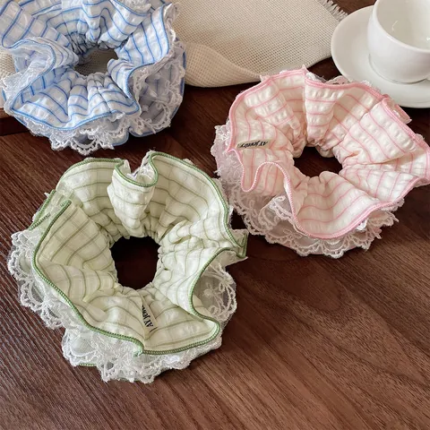 Fresh Plaid Lace Trim Scrunchie Sweet Checkered Hair Ties Large Fabric Hair Bands For Women Girls Ponytail Holder Accessories