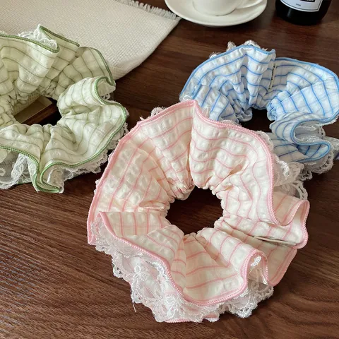 Fresh Plaid Lace Trim Scrunchie Sweet Checkered Hair Ties Large Fabric Hair Bands For Women Girls Ponytail Holder Accessories