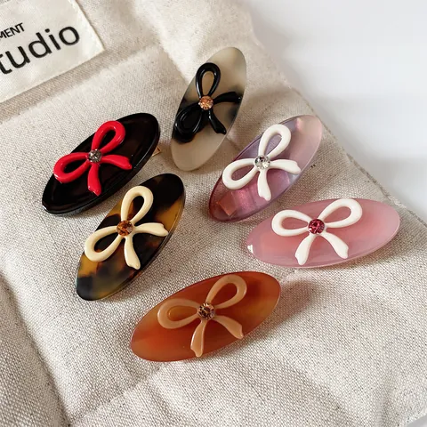 Korean Retro Cellulose Acetate Oval Hair Clip Sweet Bow Rhinestone Duckbill Side Clip Fashion Hair Accessories For Women