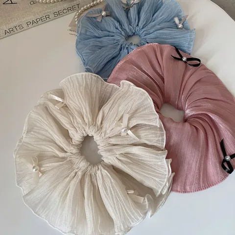 Coleteros de Tela Plisada Balletcore Con Lazo de Perlas Artificiales de Imitación Elegantes y Dulces Accesorios para el Cabello Diario