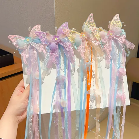 Chinese Ancient Style Butterfly Flower Hair Clips With Long Ribbon Tassel Fairy Princess Hair Accessories For Children Girls