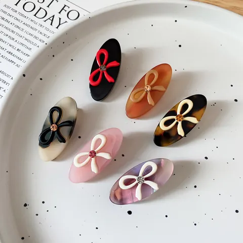 Korean Retro Cellulose Acetate Oval Hair Clip Sweet Bow Rhinestone Duckbill Side Clip Fashion Hair Accessories For Women