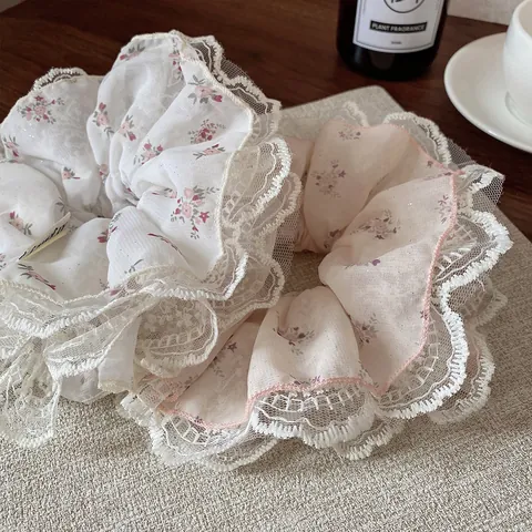 Chouchous Larges Imprimé Floral avec Bordure en Dentelle Mousseline Élastiques à Cheveux Style Coréen Accessoires Cheveux Femme
