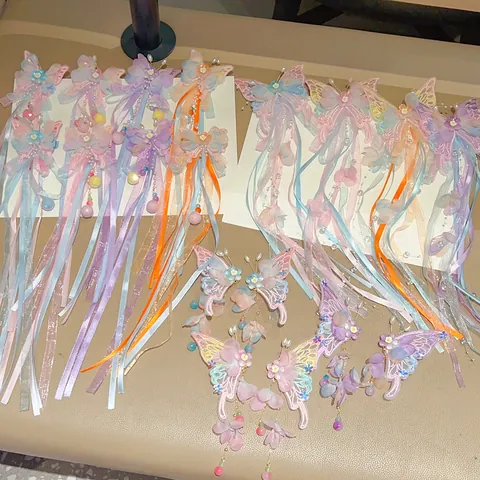 Chinese Ancient Style Butterfly Flower Hair Clips With Long Ribbon Tassel Fairy Princess Hair Accessories For Children Girls