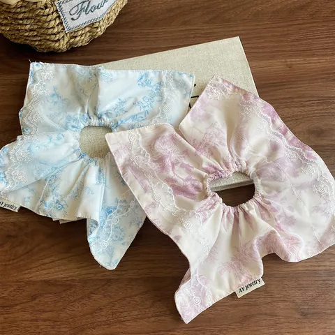 Vintage French Floral Lace Fabric Hair Scrunchie For Women Retro Square Hair Tie Sweet Botanical Print Large Hair Accessory