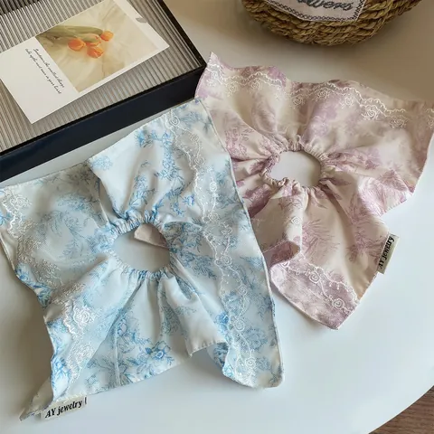 Vintage French Floral Lace Fabric Hair Scrunchie For Women Retro Square Hair Tie Sweet Botanical Print Large Hair Accessory