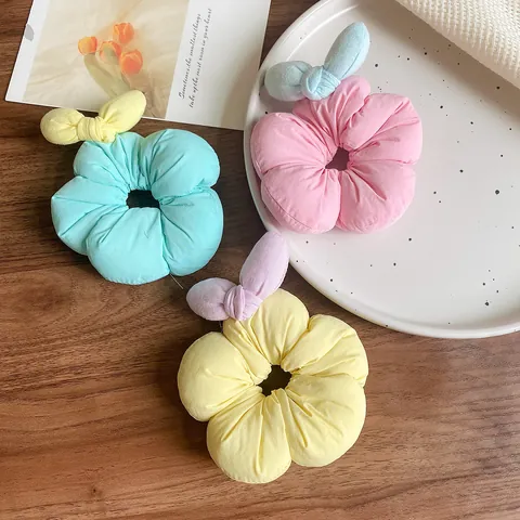 Sweet Korean Style 3D Flower Scrunchie For Girls Women Macaron Color Fabric Hair Tie With Bowknot Rabbit Ears Soft Elastic Ponytail Holder