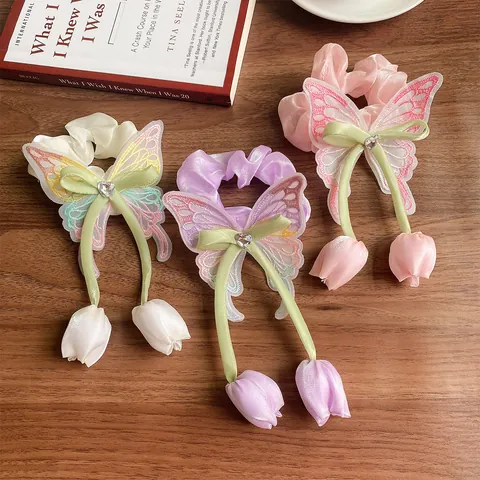 Chouchou Broderie Papillon Tulipe pour Filles Cœur Strass Fée Queue de Cheval Accessoires Cheveux Princesse