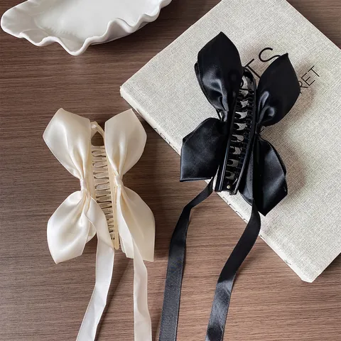 Large Satin Bow Hair Claw Clip With Long Ribbons Korean Style Sweet Elegant Banana Clip For Women Daily Hair Accessories
