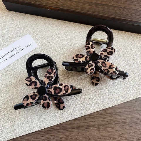 Vintage Acetate Leopard Print Flower Hair Claw Clip For Women Fashion High Ponytail Hair Accessory Elegant Floral Hairclip