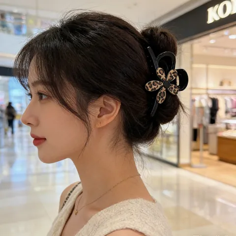 Vintage Acetate Leopard Print Flower Hair Claw Clip For Women Fashion High Ponytail Hair Accessory Elegant Floral Hairclip