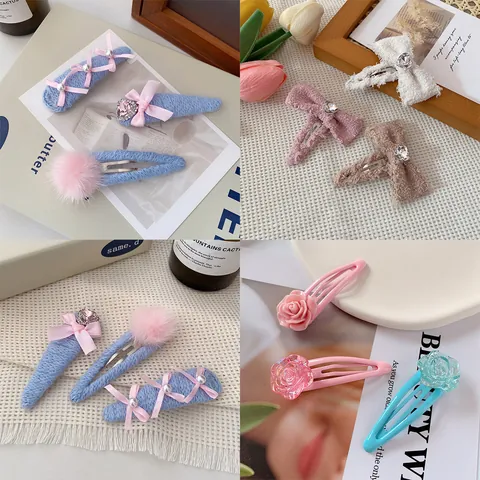 Sweet Korean Style Bow Flower Hair Clips For Girls Women Tweed Fabric Resin Rose Rhinestone Heart Hairpins Hair Accessories