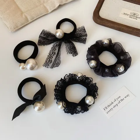 French Vintage Pearl Hair Ties For Women Black Lace Mesh Bow Elastic Hair Bands Elegant Decorative Headwear Accessories