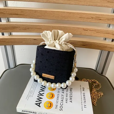 Women's Fashion Denim Pearl Handle Bucket Bag Polka Dot Chain Crossbody Shoulder Small Square Bag Drawstring Closure
