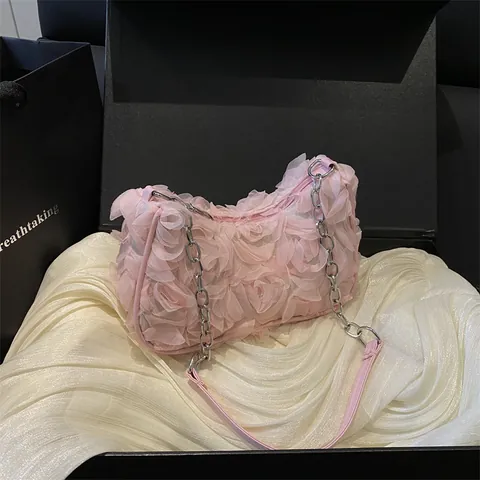 Women's 3D Rose Flower Underarm Bag Elegant Mesh Organza Shoulder Bag With Silver Metal Chain Strap Romantic Party Clutch Purse
