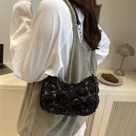 Women's 3D Rose Flower Underarm Bag Elegant Mesh Organza Shoulder Bag With Silver Metal Chain Strap Romantic Party Clutch Purse