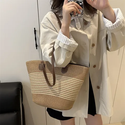 Large Capacity Raffia Straw Woven Tote Bag For Women Summer Vacation Beach Stripe Shoulder Handbag Casual Travel Bag