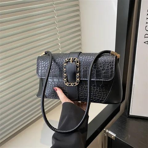 Damen Unterarmtasche Aus PU-Leder Mit Krokodilmuster Französischer Stil Vintage Schultertasche Mit Goldener Metall-Schnalle