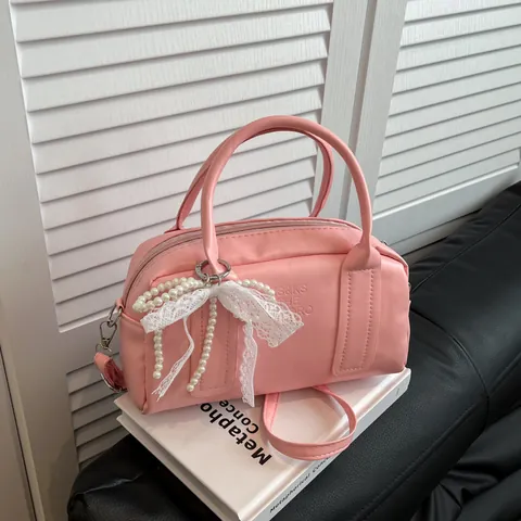 Niche Design PU Leather Women Boston Bag With Artificial Pearl Bow Pendant Minimalist Crossbody Handbag Korean Style Shoulder Bag