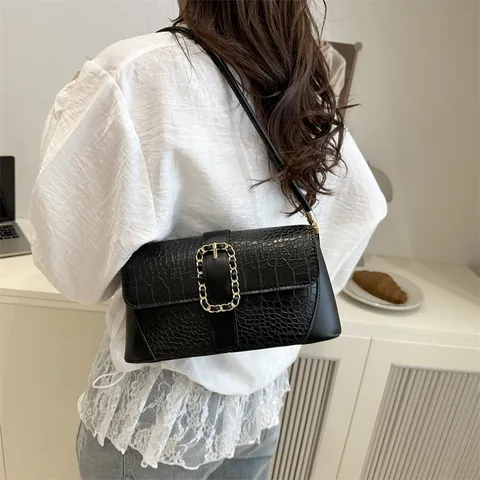 Damen Unterarmtasche Aus PU-Leder Mit Krokodilmuster Französischer Stil Vintage Schultertasche Mit Goldener Metall-Schnalle
