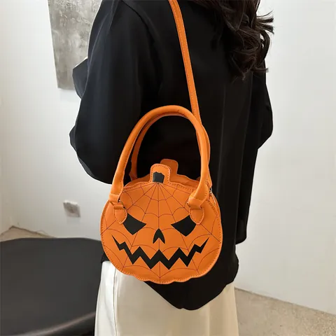 Halloween Pumpkin Crossbody Bag For Women PU Leather Funny Jack-O-Lantern Shoulder Bag With Spider Web Stitching Top Handle Handbag