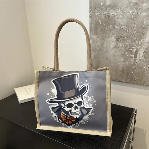 Women Fashion Cartoon Skeleton Gentleman Printed Tote Bag Large Capacity Canvas Burlap Shoulder Bag Casual Portable Travel Handbag