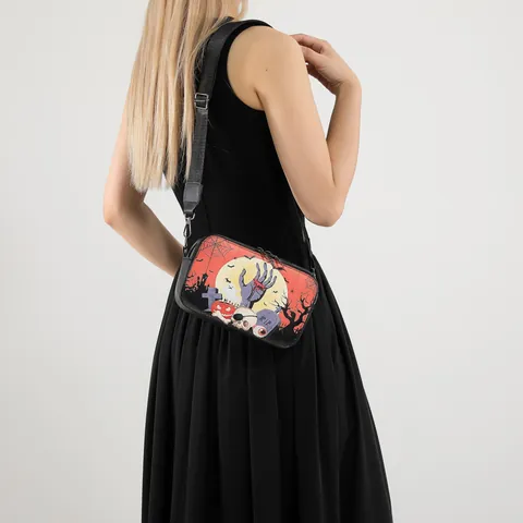 Borsa a Tracolla Halloween da Donna in Pelle PU Piccola Borsa a Fotocamera Quadrata Stampa Strega Teschio Zucca Festa Moda