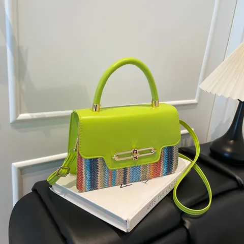 Vrouwen Mode PU Leer Geweven Patchwork Kleine Vierkante Tas Contrastkleur Schoudertas Crossbody Handtas Met Metalen Slot Handvat