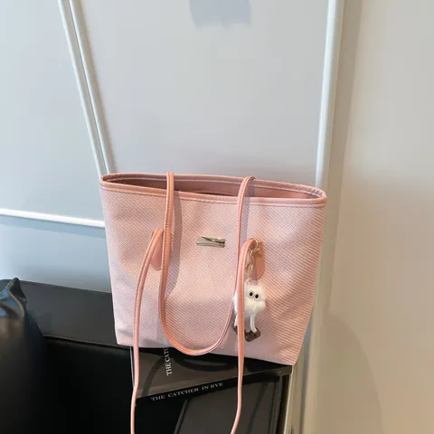 Women Woven Texture PU Leather Tote Bag Large Capacity Commute Single Shoulder Handbag With Plush Monster Pendant Fashion Simple College Student Bag