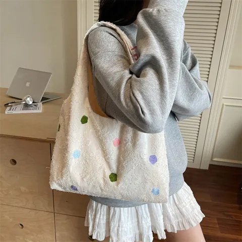 Bolso Tote de Encaje Con Mariposa Bordada para Mujer Bolso de Hombro de Lona de Gran Capacidad Artístico Casual Blanco