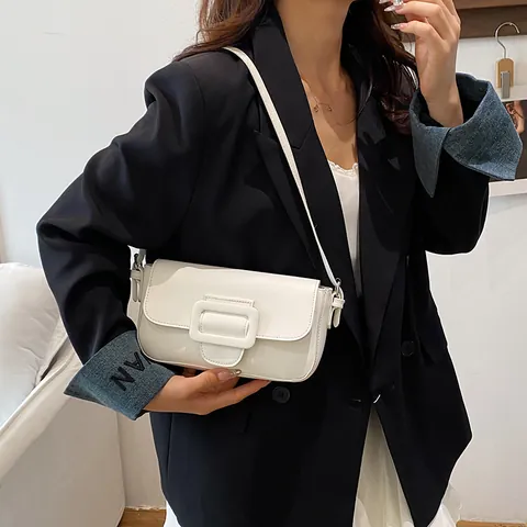 Borsa Sottobraccio Minimalista in Pelle PU Donna Fibbia Quadrata Vintage Borsa a Tracolla Tinta Unita Borsa Baguette Quotidiana