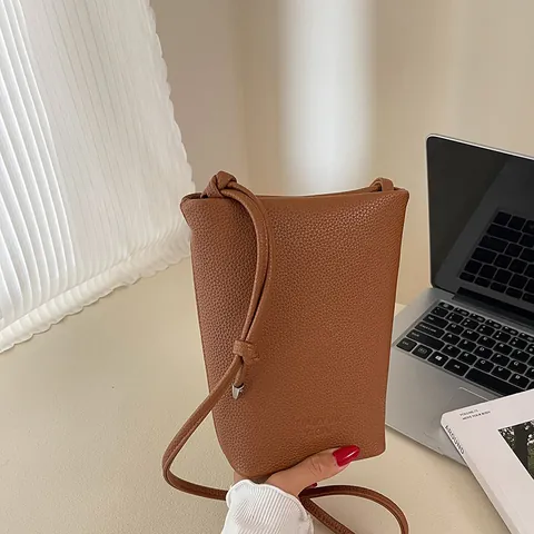 Borsa per Cellulare da Donna Minimalista in Pelle PU a Grana di Litchi Piccola Borsa a Secchiello a Tracolla Con Cinturino Annodato