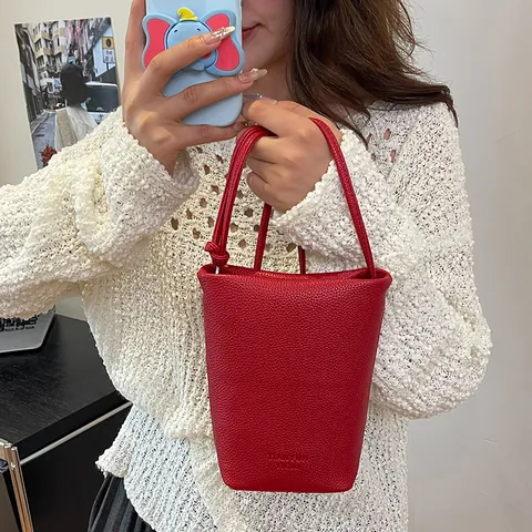 Borsa per Cellulare da Donna Minimalista in Pelle PU a Grana di Litchi Piccola Borsa a Secchiello a Tracolla Con Cinturino Annodato