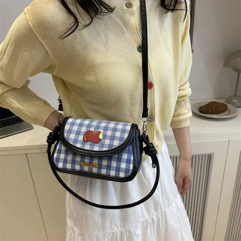 Women Korean Checkered Mini Shoulder Bag Cute Apple Embroidery Contrast PU Leather Crossbody Bag Sweet Small Square Bag