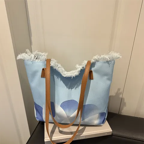Bolso Tote de Lona con Estampado Floral Degradado para Mujer Gran Capacidad Borde Deshilachado Bolso de Hombro con Coras de Cuero Sintético