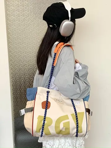 Large Capacity Nylon Tote Bag For Women Japanese Style Letter Print Shoulder Handbag Contrast Color Woven Handle Casual Bag