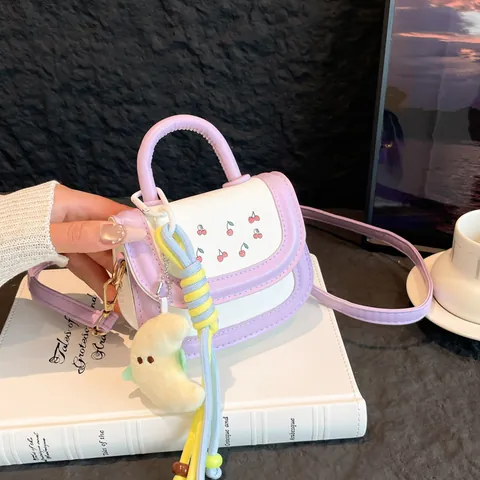 Women Mini Cherry Print Crossbody Bag Cute Sweet Patchwork PU Leather Handbag With Moon Plush Charm For Girls Daily Travel