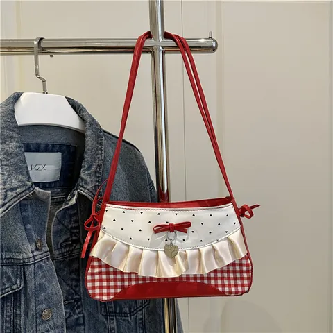 Sweet Lace Trim Bow Underarm Bag For Women Girly Gingham Heart Print Shoulder Bag With Heart Pendant PU Leather Patchwork Bag
