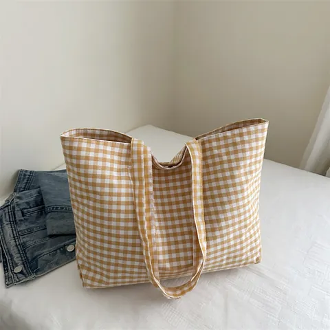 Women Large Capacity Canvas Tote Bag Gingham Plaid Pattern Casual Shoulder Handbag Urban Simple Fashion Daily Commuting Bag