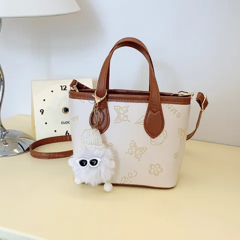 Women PU Leather Bucket Tote Bag Cartoon Embossed Crossbody Handbag With Plush Monster Pendant Sweet Casual Shoulder Bag