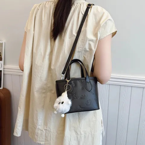 Women PU Leather Bucket Tote Bag Cartoon Embossed Crossbody Handbag With Plush Monster Pendant Sweet Casual Shoulder Bag