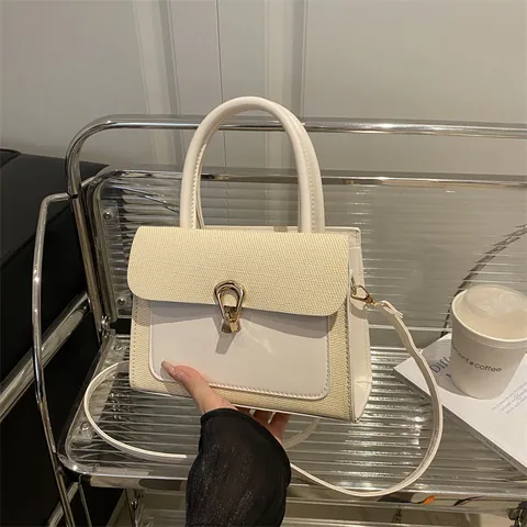 Women Patchwork Crossbody Bag Synthetic Leather Fabric Top Handle Handbag With Metal Lock Square Small Shoulder Bag Daily