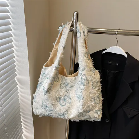 Large Capacity Fabric Tote Bag With Butterfly Heart Polka Dot Pattern Casual Fringe Texture Shoulder Bag For Women Daily Shopping