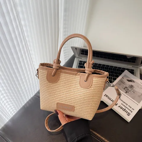 Damen Geflochtene Beuteltasche Mode PU Leder Patch Sommer Stroh Tragetasche Handtasche Mit Verstellbarem Schultergurt Für Den Alltag