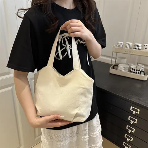 Minimalist Canvas Tote Bag For Women Large Capacity Shoulder Bag With Contrast Straps Casual Solid Color Handbag