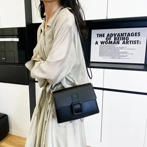 Women Fashion PU Leather Small Square Crossbody Bag Minimalist Large Buckle Shoulder Bag Solid Color Commuter Handbag