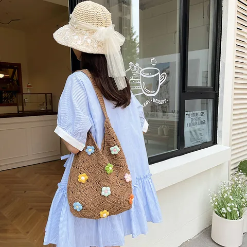 Handgehaakte Holle Hobo Tas Voor Dames 3D Bloemen Geweven Schoudertas Zomer Strand Vakantie Handgemaakte Tote Tas