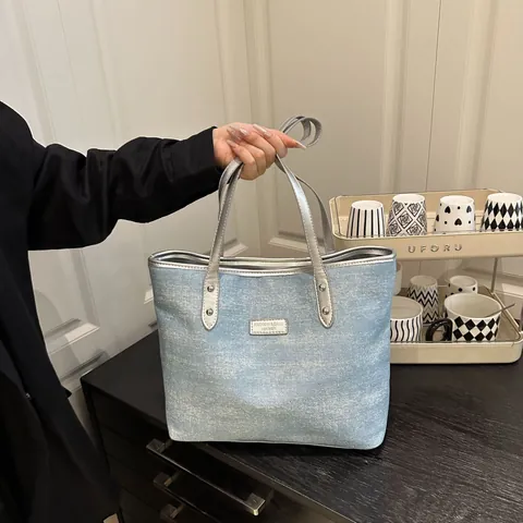 Women Large Capacity Denim Texture Tote Bag With Rhinestone Glitter Fashion Shoulder Bag Silver Artificial Leather Handle Casual Handbag