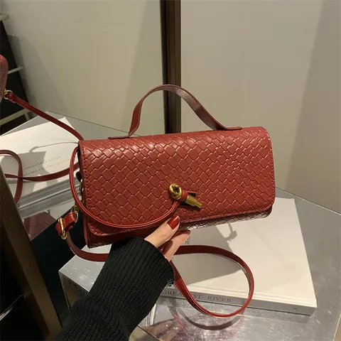 Damen Gewebte PU Leder Achseltasche Mode Webstruktur Umhängetasche Mit Goldener Knotenschnalle Elegante Handtasche